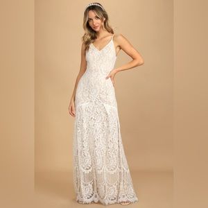 Lulu’s Flynn White Lace Maxi Wedding Dress